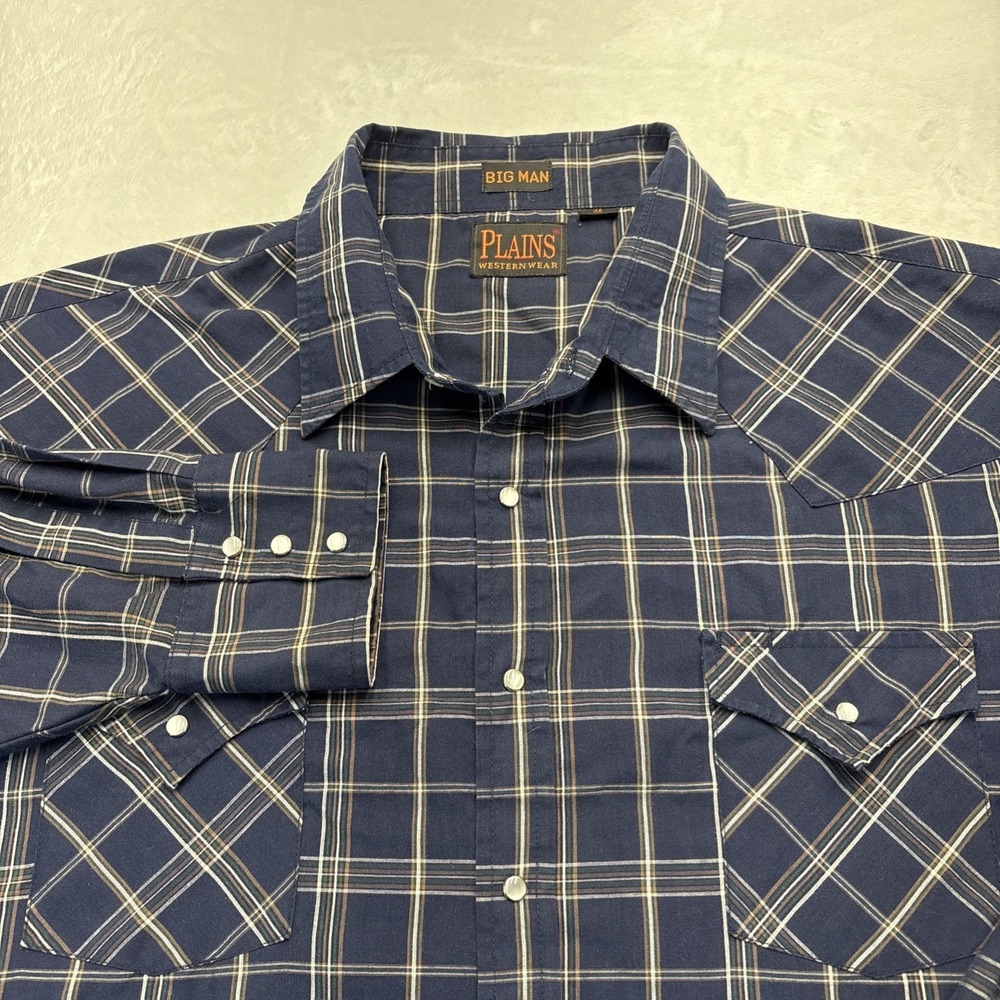 Plains Western Wear Y2K Snap Western Shirt 3X Big Man Navy Plaid Ranch Rodeo